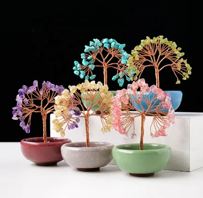Tree of Life Fortune Tree Natural Crystal Stone Tree Ornaments Copper Wire Bouquet Tabletop Decor Home Decor