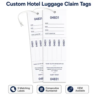 OEM Luggage Tags with Matching Serial Number Labels Detachable Guest Receipt for Hotels Resorts and Concierge