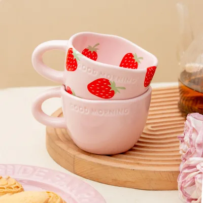 Strawberry Porcelain Eco-Friendly 245ml Coffee Cup Saucer Set Korean Ins Wind Creative Cute Couple Ceramic Mug