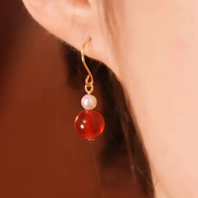 Natural Freshwater Pearl Red Agate Iron Earring Wire Ear Hooks Women Ins-style Light Luxury 14K Gold-plated Vintage New Earrings