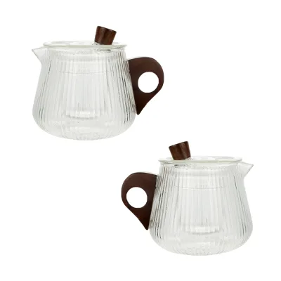 2022 Creative Design Ribbed Glass Cup with Filter Wood Handle Heat Resistant Tea Cups