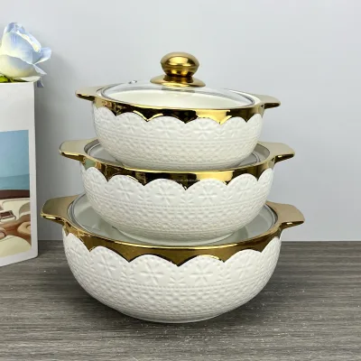 Light Luxury Cover Stock Pot Modern Design Ceramic Mixing Bowl Set Multifunctional Porcelain Soup Pot With Glass Lid