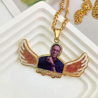 Custom Photo Pendant Necklace Personalized Picture Glass Dome Necklace Wings Jewelry Family Member Hip Hop Custom Necklace