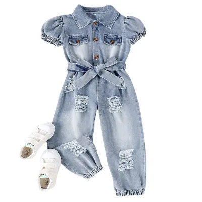 Summer Sunny Baby High Quality Girls Clothing Denim Short Sleeve Jumpsuit Pants Belt Kids Two-piece Set for 4-7 Year Kids