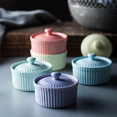 New Nordic Style Ceramic Baking Bowl with Lid Soufflé Cake Bowl Baking Utensils Small Dish Flavor-proof Ceramic Bowl