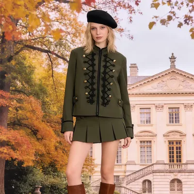 2026 New European American Style Women Blazer, Fashion Retro Design with Shoulder Pads & Knot Buttons Outerwear Custom OEM ODM