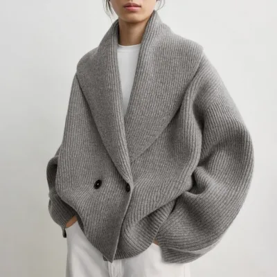 Jancoco Custom Heather Grey Shawl Collar Cardigan Women Cropped Button Ribbed Knit Sweater Coat for Autumn Winter