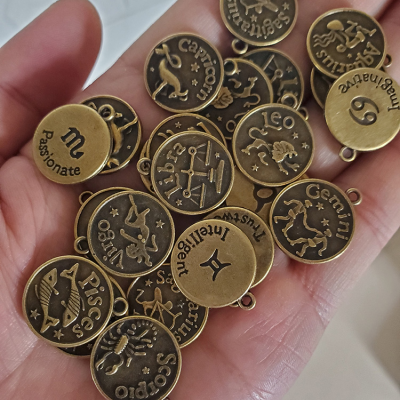 12 Zodiac Astrology Pendant Alloy Antique Bronze Zodiac Sign Charm for Diy Necklace Making