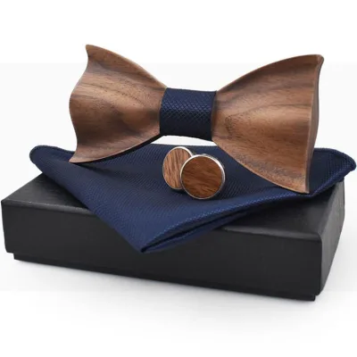 3D Wooden Bow Tie Set Striped Pattern Handkerchief with Cufflinks and Gift Box for Men Male
