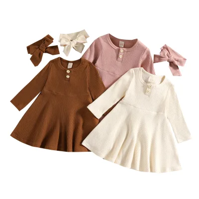 Sweet Style Girls Dress Comfortable Open Button round Neck Casual Dress with Long Sleeves and Solid Pattern Spring and Autumn