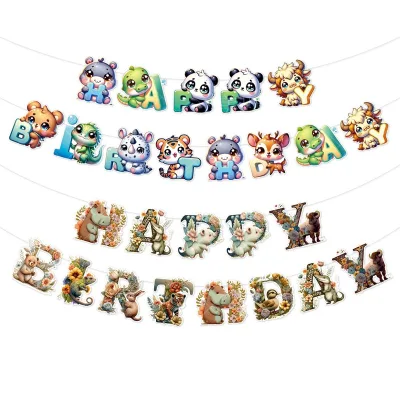 Modern Animal Themed Birthday Banner Flower and Happy Birthday Banner for Atmosphere Arrangement