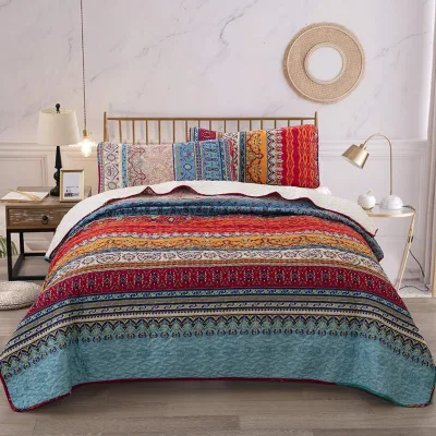 Striped Printed Bedding Bedspread Coverlet Set for All Seasons Lightweight Microfiber Quilt with 2 Pillowcases Quilt Set
