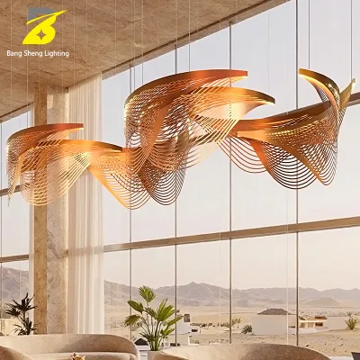 Ribbon Brushed Copper Metal Wire Frame Sculpture Chandelier Irregular Wave Curved Hollow Layer LED Pendant Light Custom