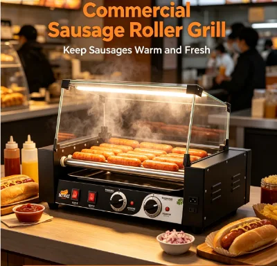 Premium Electric Hot Dog Roller Grill Machine, Commercial Sausage Maker with Light Box and Sneeze Guard