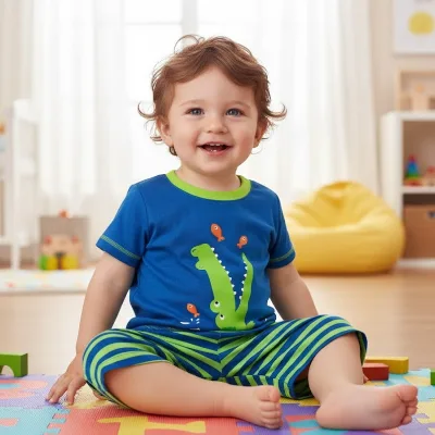 Baby Boys 2-Piece Thermal Spring Pajamas Set Striped Shorts & Animal Print T-Shirt OEM Custom Design Available