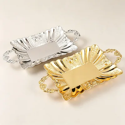 Wholesale Luxury Gold Silver Metal Snack Plate European Embossed Cake Dessert Serving Tray with Handle for Wedding Party
