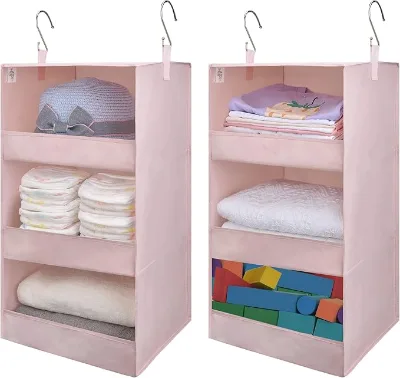 Closet Hanging Organizers Collapsible Hanging Closet Shelves 3-Shelf Hanging Organizers for Locker Pink