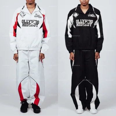 Custom Manufacturer Mens Streetwear Long Drawstring Flared Cropped Oversized Nylon Zip up Windproof Jacket Hoodie Set