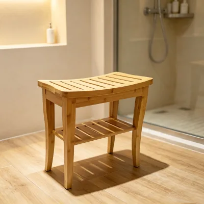 Bamboo Shower Bench Waterproof Non-slip Bath Seat Stool with Storage Shelf Natural Bathroom Spa Stool for Elderly Seniors
