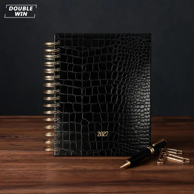 Custom Black Crocodile PU Leather Spiral 2026 2027 Hot Foiling Executive Business Planner with Monthly Tabs