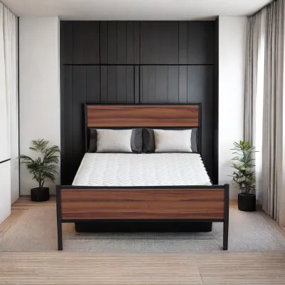 Student Full Xl Queen Size Sandy Black Metal Frame+Wood Slats Simple Modern Headboard Bed Frame with Storage Space 300KG+