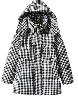 Gray A-line Pattern Cotton Below Knee Long Sleeve Polyester Small Checked Coat for Women