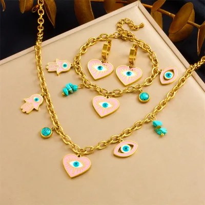 Elegant 18K Gold Plated Stainless Steel Drip Oil Heart Turkiye Eye Blue Turquoise Pendant Necklace Earrings Bracelet Jewelry Set