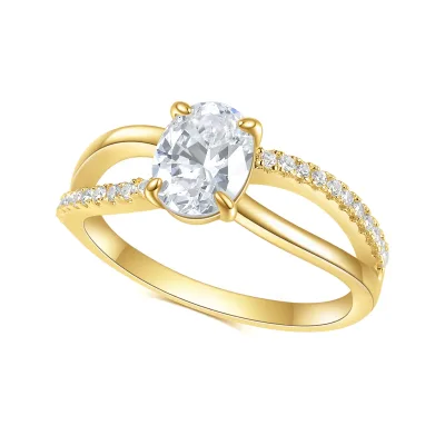 Abiding Fine Jewelry Split Cross Shank Gold Plated 925 Silver AAA Cubic Zirconia Oval Cut Women Ring with Pave Cz Row