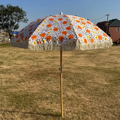 Factory-customized 2meter Outdoor Tassel Beach Umbrella Iron Frame Polyester Fiber 8-rib Structure; Garden Umbrella Featuring