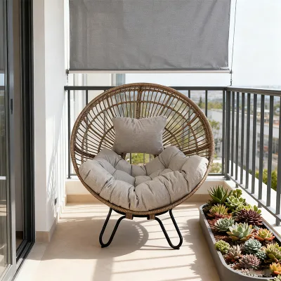 PE Rattan Wicker Egg Lounge Chair with Cushion, Reclining Floor Standing Garden Patio Balcony Outdoor Accent Chair