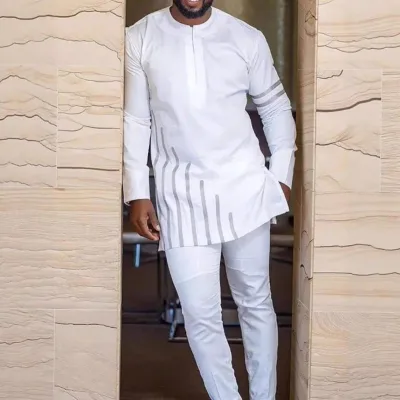 Islamic Men's Solid Color Patchwork Neck Long Sleeved Party Suit African Ethnic Style Business Suits Plus Size for Muslims Arabs