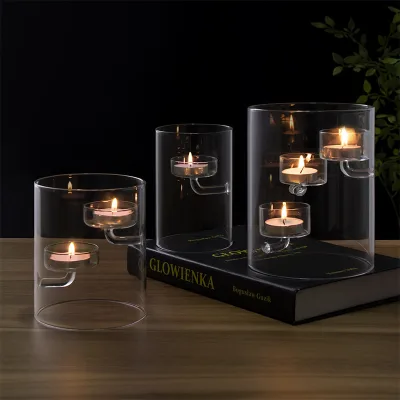 Minimalist Clear Glass Cylindrical Tealight Holder | Multi-Tier Candle Holder for Living Room & Dining Table