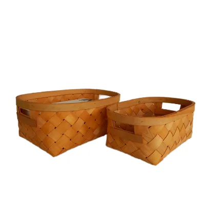 Custom Designed Square Natural Woven Wood Chip Basket with Handle Square Basket in Plastic Rattan for Storage