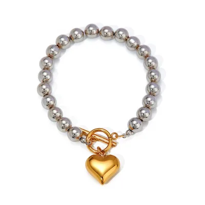 Dainty Vintage Unisex Stainless Steel Bracelet Waterproof OT Clasp Heart Pendant Fashion Beaded Jewelry for Men Women Gift