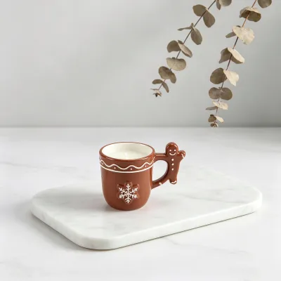 Brown Gingerbread Man Handle Ceramic Candle Cup with Snowflake Pattern Christmas Decorative Candle Holder