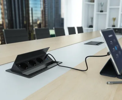 Modern Style Aluminum Alloy Flip-Up Desk Outlet with Hidden Power Brush 3 AC Outlets 16A/10A Rated Current 2 AC Outlets