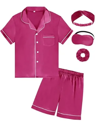 SEALINF Summer Satin Girl & Boy 5-Piece Button-Up Short Sleeve Pajama Set with Eyemask (Rosa 160)