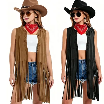 Halloween 5Pcs Western Cowgirl Costume Set Faux Suede Tassel Vest Waistcoat with Cowboy Hat Women Carnival Party Clubwear Outfit