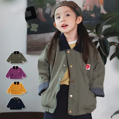 AnGu YuanBao Girls' Retro Autumn Cotton Baby Lapel Workwear Jacket-Ready Stock Wholesale