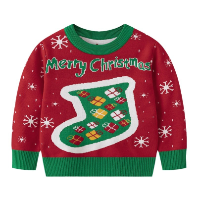 2025 Autumn Winter Red Knitted Pullover Sweater European American Style for Boys Girls Children's Christmas Jumper Baby Jumper
