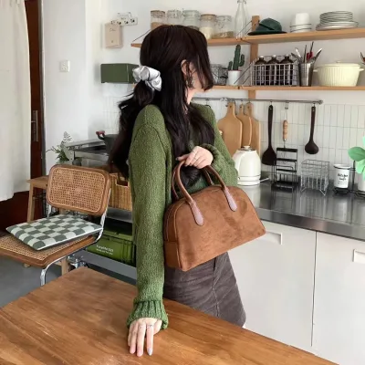 Autumn Winter Exclusive High-Grade Women's Handbag Niche Retro Simple Suede Bowling Bag Boston Design Genuine Leather Polyester