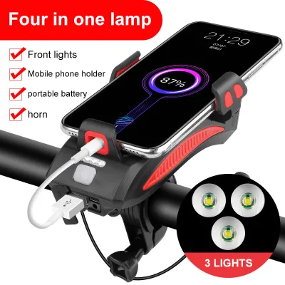 4 in 1 Mobile Phone Holder Bike Bicycle Front Light with Waterproof Cycle Light Horn Speaker Power Bank Battery Supplied
