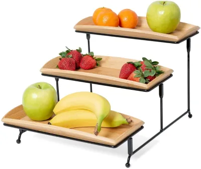2026 Kitchen 3 Tier Serving Tray Bamboo Rectangle Serving Platters, Tiered Serving Stand for Desserts and Appetizers