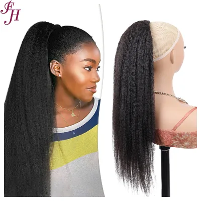 FH Cuticle Aligned Raw Natural Brazilian Drawstring Yaki Kinky Straight Human Hair Ponytail Extension