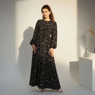 Custom OEM Women Elegant Black Ditsy Floral Chiffon Maxi Dress Smocked Waist Puff Long Sleeve Cottagecore Modest Dress Women