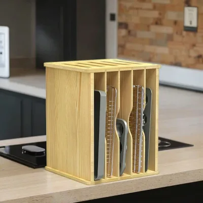 Wooden Vertical 5-Tier Multifunctional Flexible Tray Divider Organizer Glossy Finish Rectangle Shape Living Room Storage