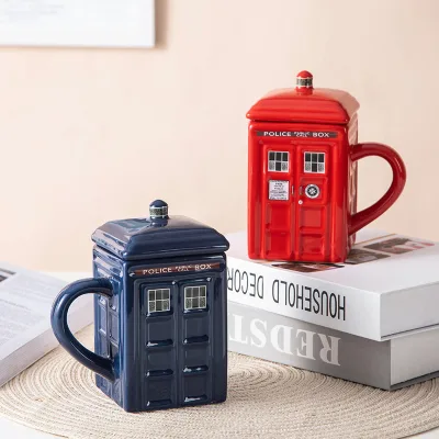 Creative Retro British Police Box Phone Booth Ceramic Mug with Lid and Handle Microwave Safe Custom Logo Option for Coffee