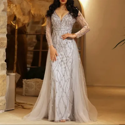 Hot Sale New Design Tulle Prom Dress Long Sleeve Evening Dresses With Crystal Beading
