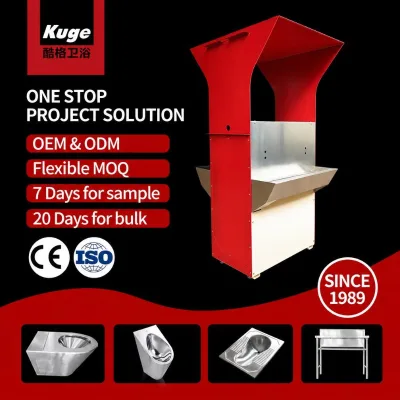 Kuge Custom 304 Stainless Steel Floor Standing Wash Basin with Powder Coated Enclosure for Transport Hub Restrooms