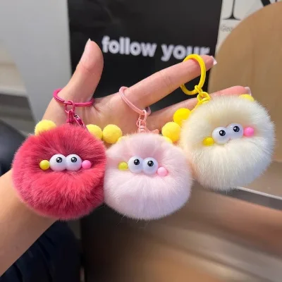 Kawaii Fluffy Faux Fur Monster Plush Keyring Adorable Small Coal Ball Decor Pendant Soft Plush Car Key School Bag Ornament Gift